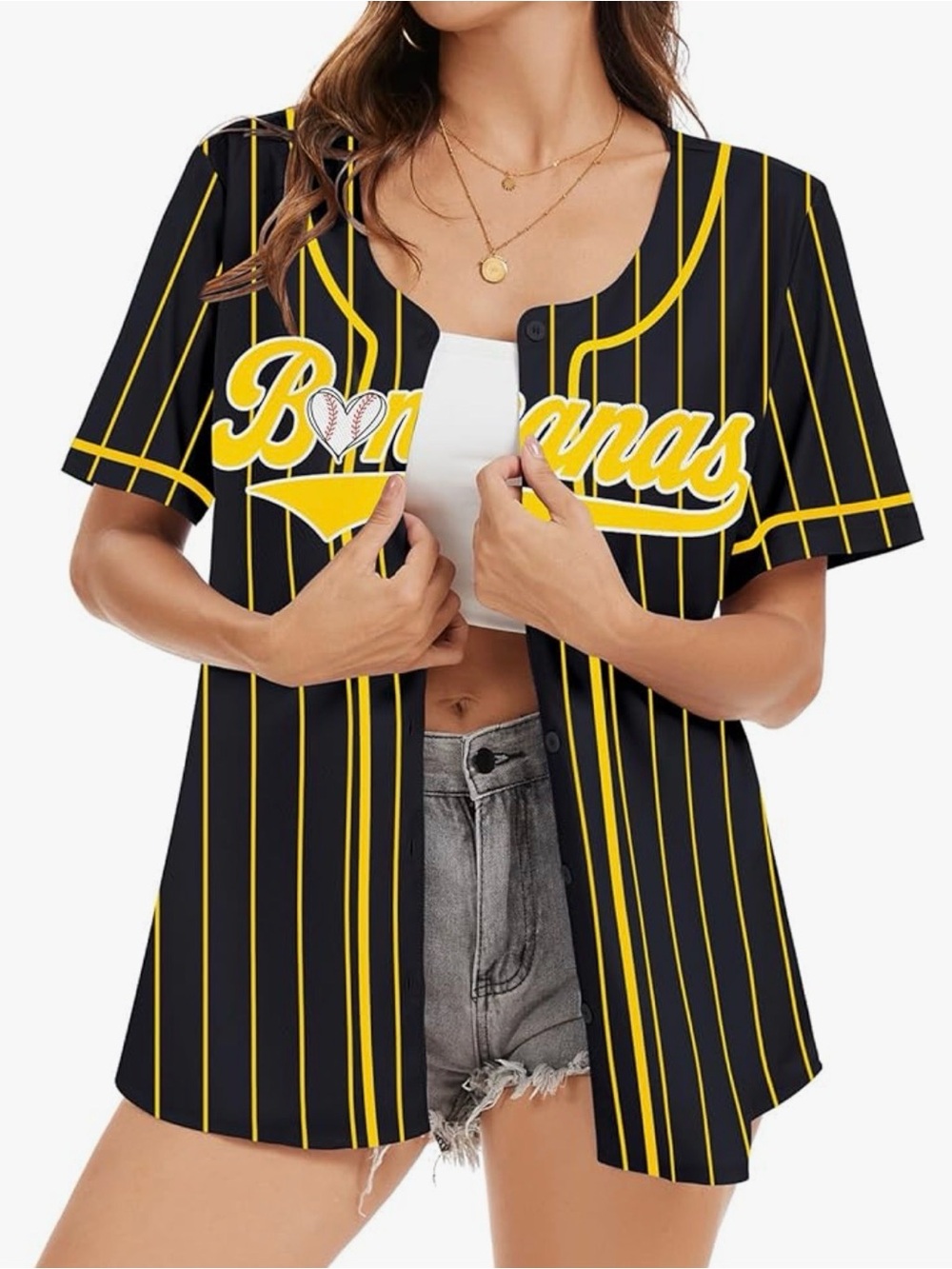 Baseball Bananas Jersey Shirt XL Black Yellow Pinstripe Baseball Mom Top